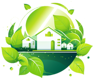 maja, mida ümbritsevad rohelised lehed ja lehestik, mis sümboliseerib ökoloogilist majapidamist ja ettevõtteid. Mõõdik, mis näitab inimese või ettevõtte tegevuse mõju keskkonnale, sealhulgas süsinikuheide, veekasutus jne.